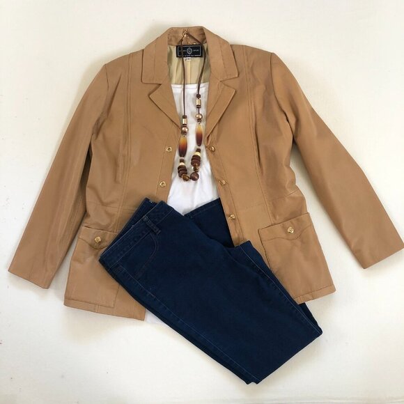 Vintage St. John Sport By Marie Gray 100% Leather Jacket Camel Size Medium EUC - Picture 1 of 16